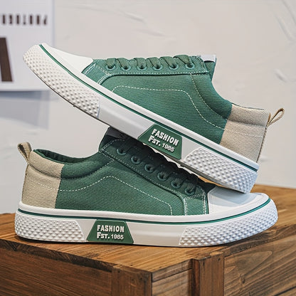Men's Breathable Canvas Sneakers - Low-Top Lace-Up Skate Shoes, Fashionable Casual & Sporty Design with Green & Beige Color Block, Non-Slip PVC Sole for Casual Attire, Outdoor Sneakers | Laceup Closure | Stylish Lowtops