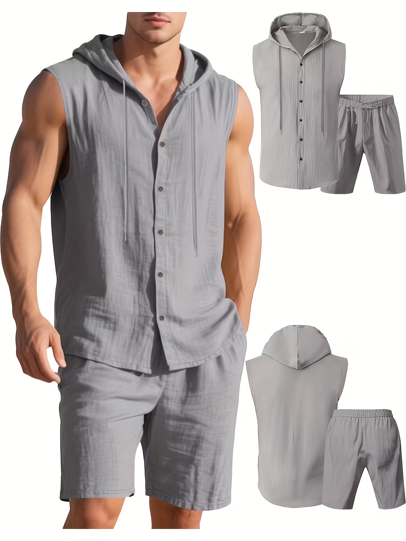 Men's Summer Linen Hooded Sleeveless Shirt & Shorts Set