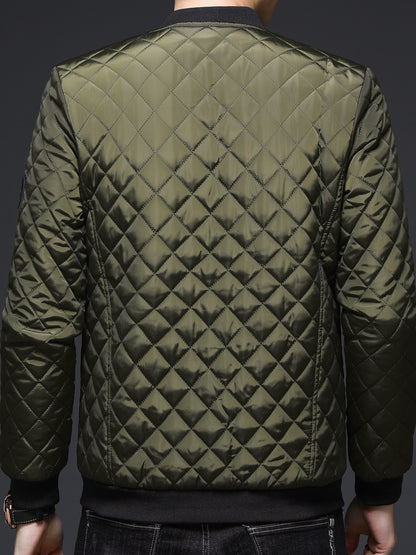 Men's Casual Quilted Zip Up Jacket, Chic Baseball Collar Jacket For Fall Winter