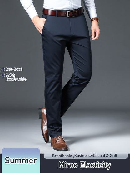 Men's Solid Color Straight Leg Business Style Cotton Blend Pants, Casual Comfy Breathable Outdoor Trousers As Gift