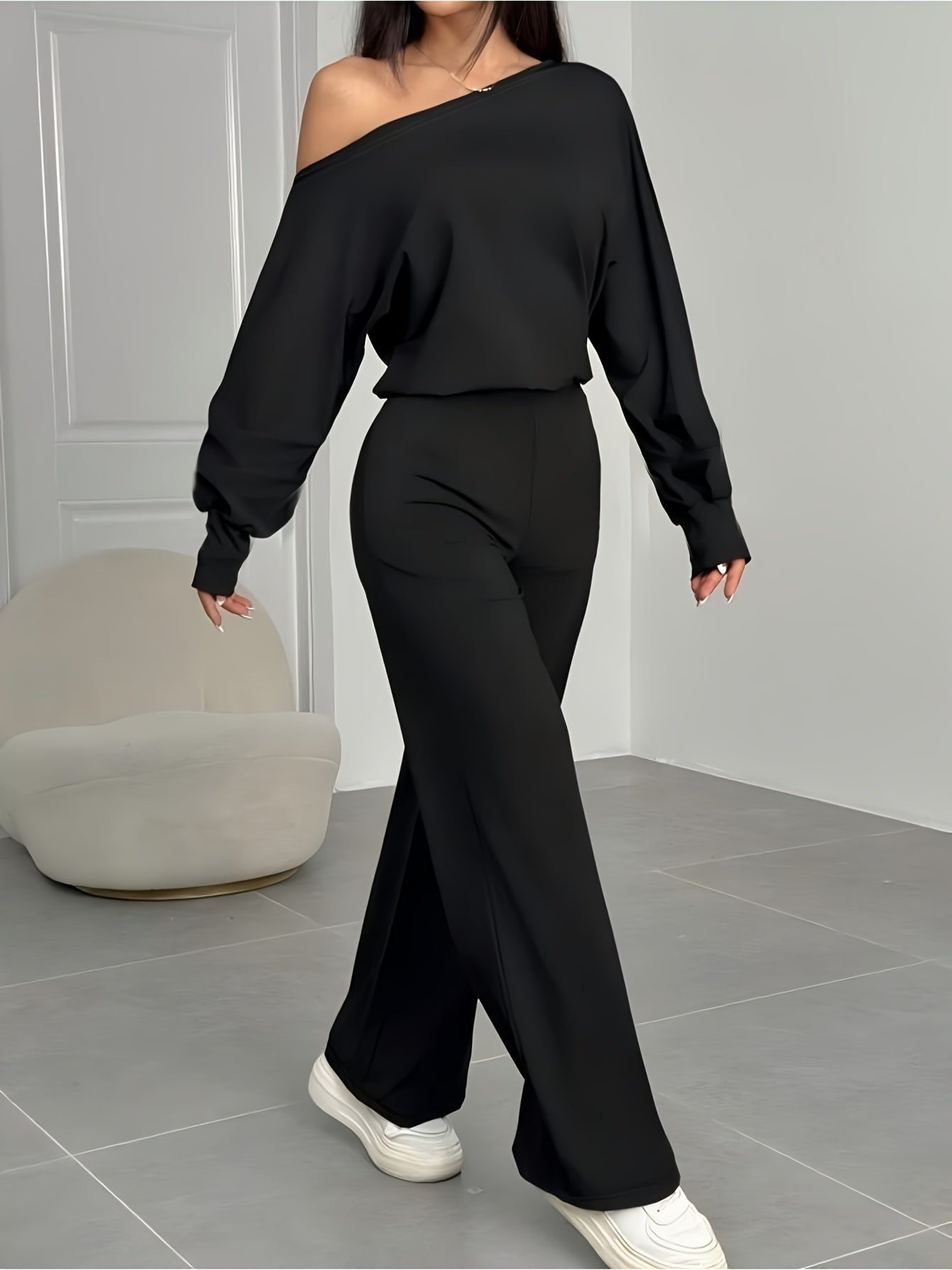 Women'S Asymmetrical Off-Shoulder Top With Bell Sleeves And Straight Pants Set | Solid Color, Elastic Comfort, Ideal For Parties And Street Style - ayq