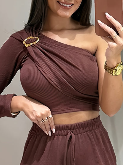 Gavin Ribbed One-Shoulder Top & Slim Fit Pants Set