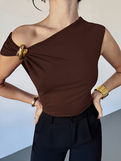 Women’s Casual Elegant Burgundy Asymmetrical Shoulder Top