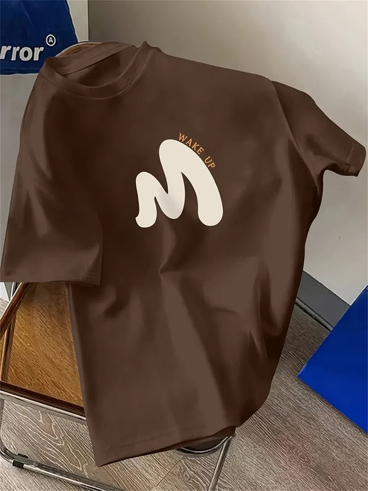 "WAKE UP" Graphic Tee - Comfortable Casual Brown Short Sleeve Crewneck T-Shirt with White Print, Summer Wear