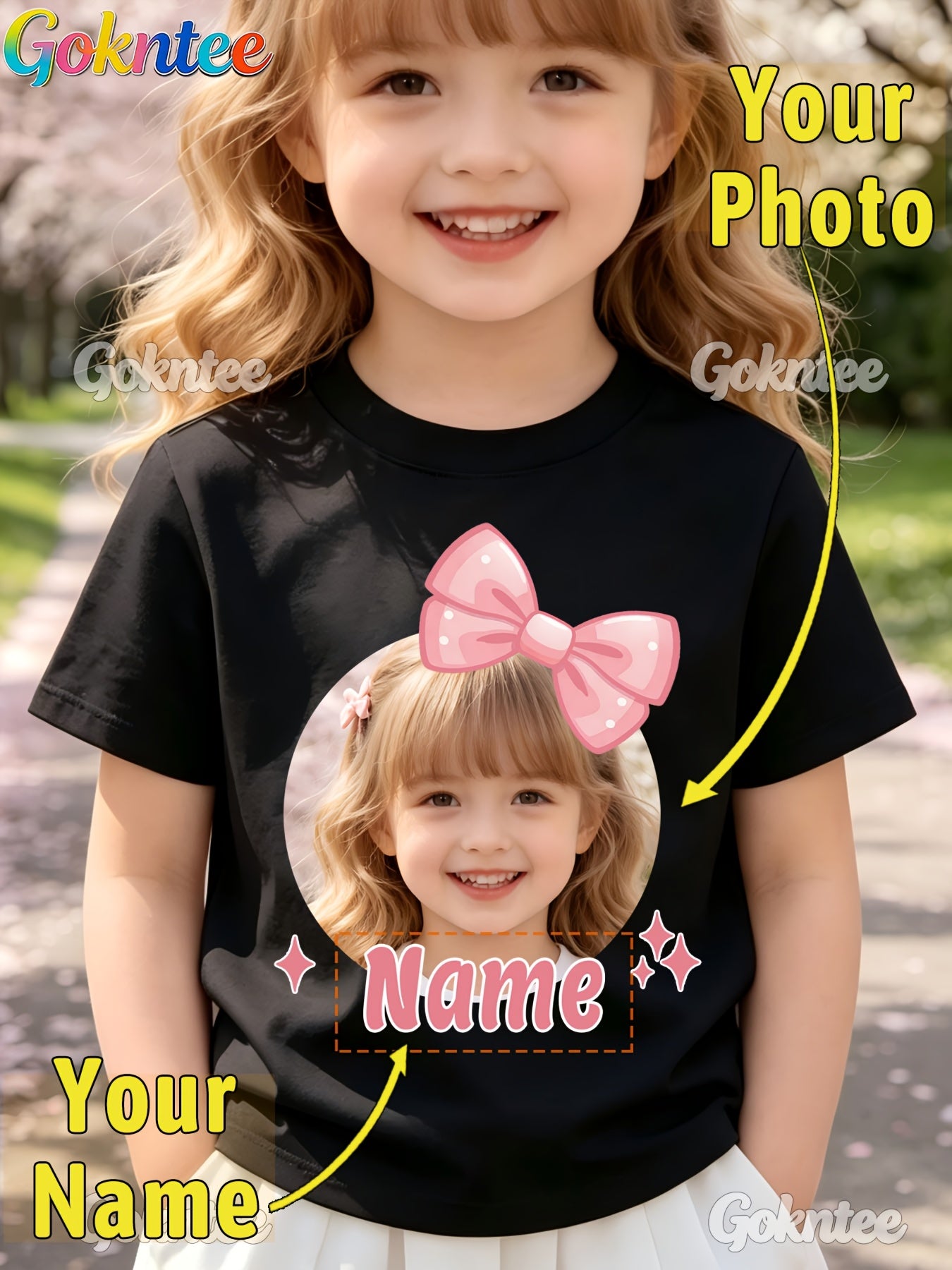 Girls' Personalized Cartoon T-Shirt with Pink Bow, Crew Neck