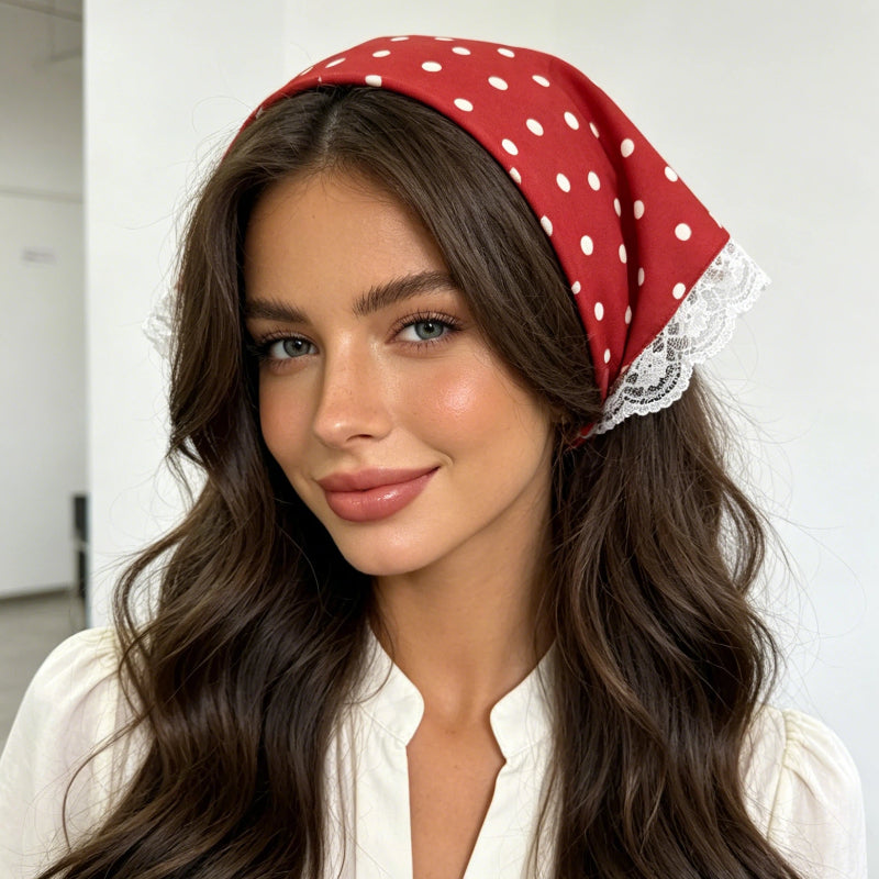 Women’s Stretch Lace Trim Polka Dot Bandana Headscarf