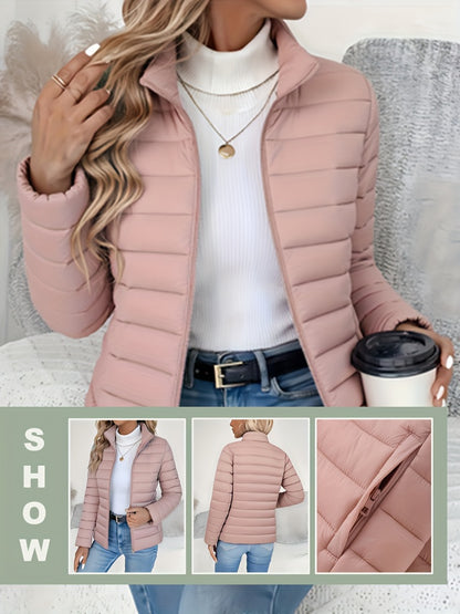 Women's Lightweight Winter Coat - Elegant Stand Collar Long Jacket, Machine Washable Cold Weather Outerwear for Fall/Winter, Formal & Everyday Use - Elegant Women's Outerwear, Casual Cold Wear, High Collar Design, Zipper Clos