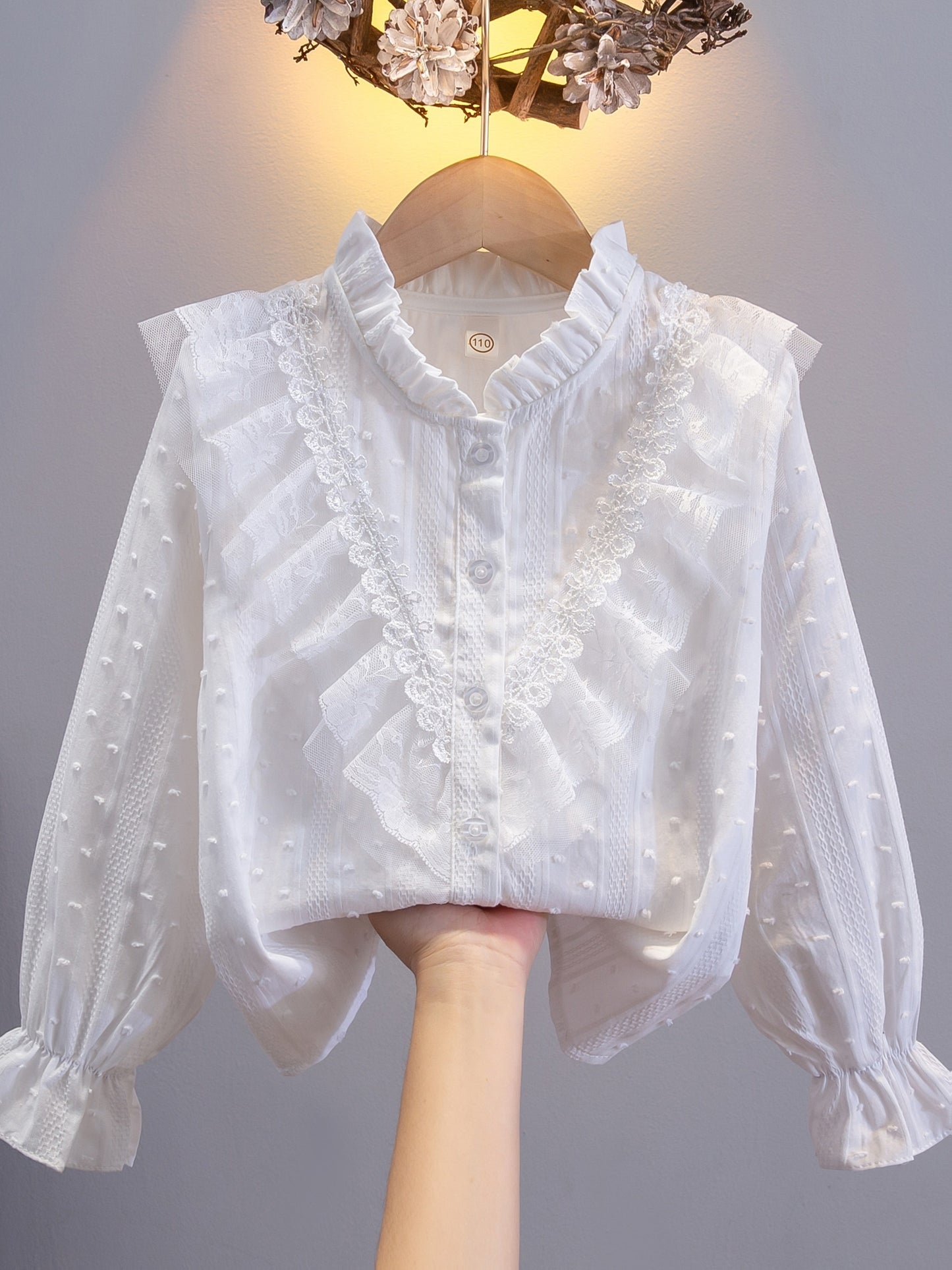 Girls' Cotton Shirt with Lace Trim and Stand Collar, Royal Style
