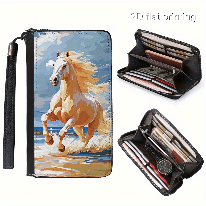 1pc Horse Pattern Ladies Wallet, Single-Sided New Design Large Capacity Multi-Card Slot Long Wallet, Trendy Casual Commuter Zippered Multifunctional Women's Clutch Purse, Pattern Placement May Vary