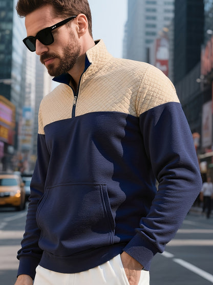 Men's Casual Half-Zip Color Block Sweatshirt with Kangaroo Pocket - ayq