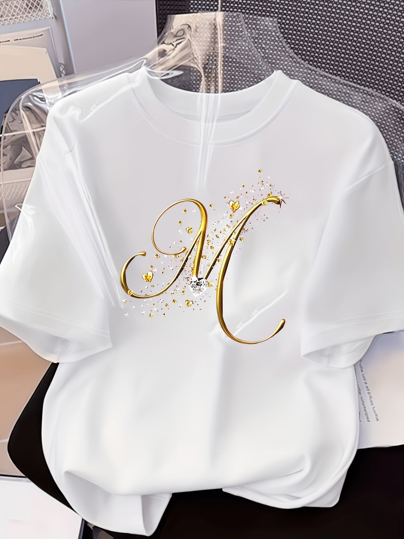 Women’s Casual Cotton Blend T-Shirt with M Letter Print, Summer