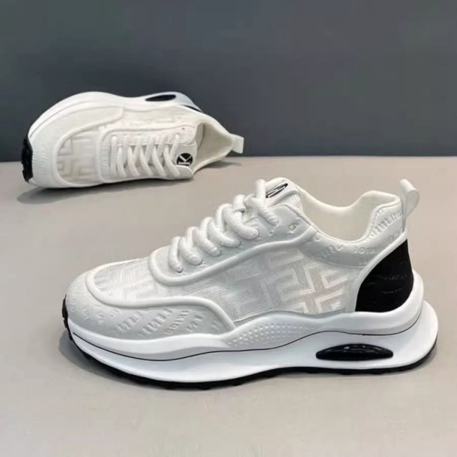 Men's Lightweight Breathable Low-Top Sneakers - PU Upper  PVC Sole, White/Navy/Red Accents, Lace-Up Round Toe for Casual, Outdoor, Running  Gym - All-Season Comfort Shoes, Casual Footwear, Geometric Pattern, Comfortable Fit