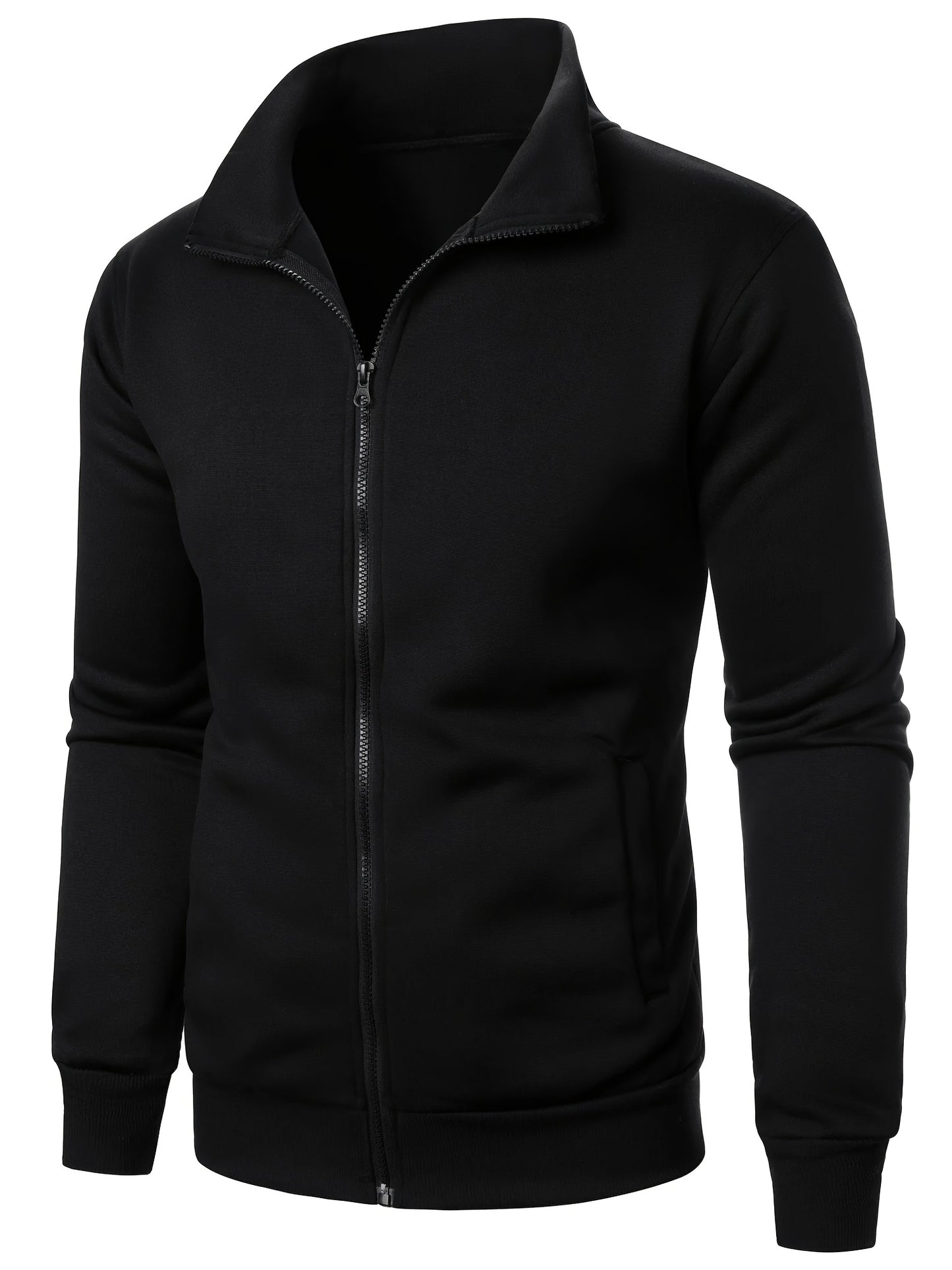 Men'S Slim-Fit Fleece-Lined Zip-Up Hoodie - Warm Long Sleeve Casual Jacket with Stand Collar, Solid Color, Polyester Lining, Pockets, Regular Fit for Fall/Winter, Winter Hoodie, Autumn Outerwear, Sleek Design, Durable Fabric,