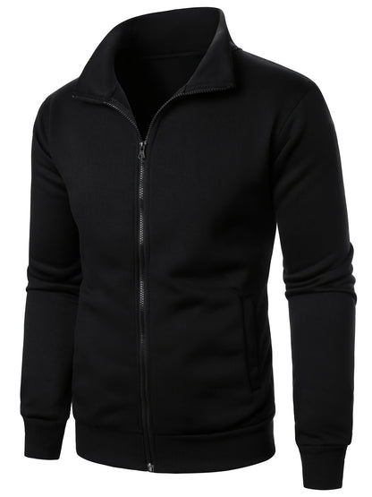 Men'S Slim-Fit Fleece-Lined Zip-Up Hoodie - Warm Long Sleeve Casual Jacket with Stand Collar, Solid Color, Polyester Lining, Pockets, Regular Fit for Fall/Winter, Winter Hoodie, Autumn Outerwear, Sleek Design, Durable Fabric,