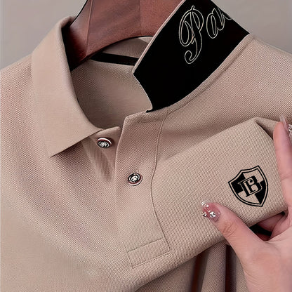 Men'S Fashion Short-Sleeve POLO Shirt | Contrast Rib-Knit Collar with 3D High-Frequency Print | Casual Style, Regular Fit, Summer Season - ayq