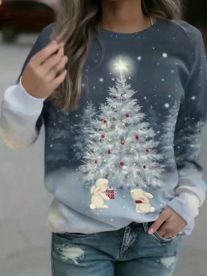 Christmas Tree Print Sweatshirt, Casual Long Sleeve Crew Neck Sweatshirt, Women's Clothing