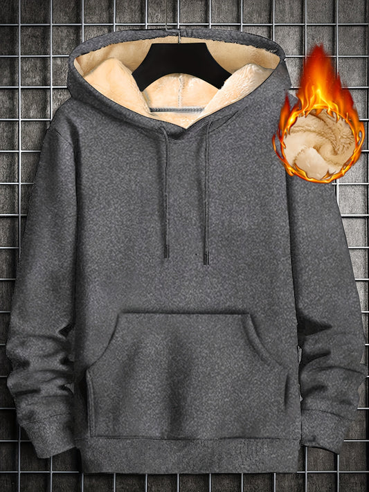 Men's Fleece-lined Cozy Hooded Sweatshirt With Drawstring And Kangaroo Pocket, Men's Hoodie For Winter Outdoor