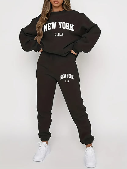 FLS1021WN10 Hoodie with Fleece, European And American Women'S Autumn And Winter Fashion, Printed Casual Sports Two-Piece Set.