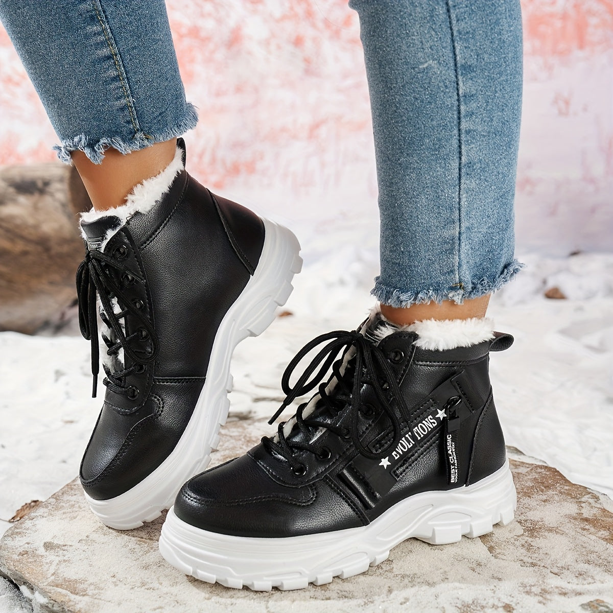 Կանացի ձմեռային ձնագնացքներ - Տաք երեսպատված, չսահող, բարձրակրունկ արտաքին ցանկացած առիթի համար կոշիկներ, ռիբավորված մեղմացնող ներդիրով, սև, իդեալական են ցուրտ եղանակի համար, ձմեռային կոշիկներ | Ոճային ձմեռային կոշիկներ | Դիմացկուն կոշիկներ