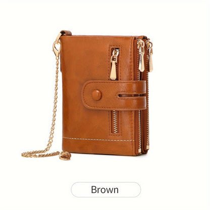 MIYIN Women'S & Men'S Red Bifold Wallet with Anti-Theft Chain Lock, Golden-Tone Hardware & Removable ID Window - Multi-Compartment Organizer with Card Slots