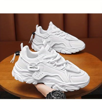 Men's Fashion Chunky Sneakers - Sports & Casual Streetwear Shoes, Solid Color, Non-Slip Lace-Up, Thick Sole, Low Top Fabric Sneakers for All Seasons, Running & Hiking, Universal Fit - Round Toe