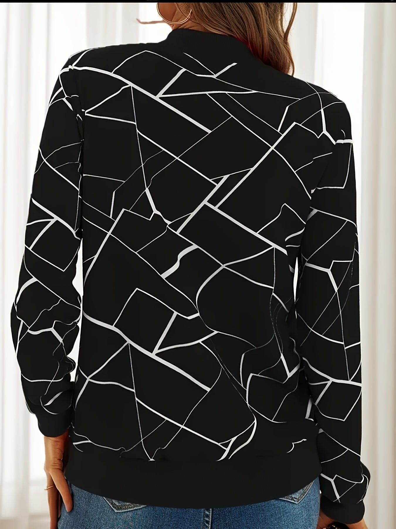 Women's Elegant Black & White Geometric Print Full-Zip Jacket - Casual to Formal Outerwear, Machine Washable Long Sleeve Coat with Full-Zip Front, Relaxed Fit Tapered Hem & Structured Collar for Spring Summer Fall, Casual to