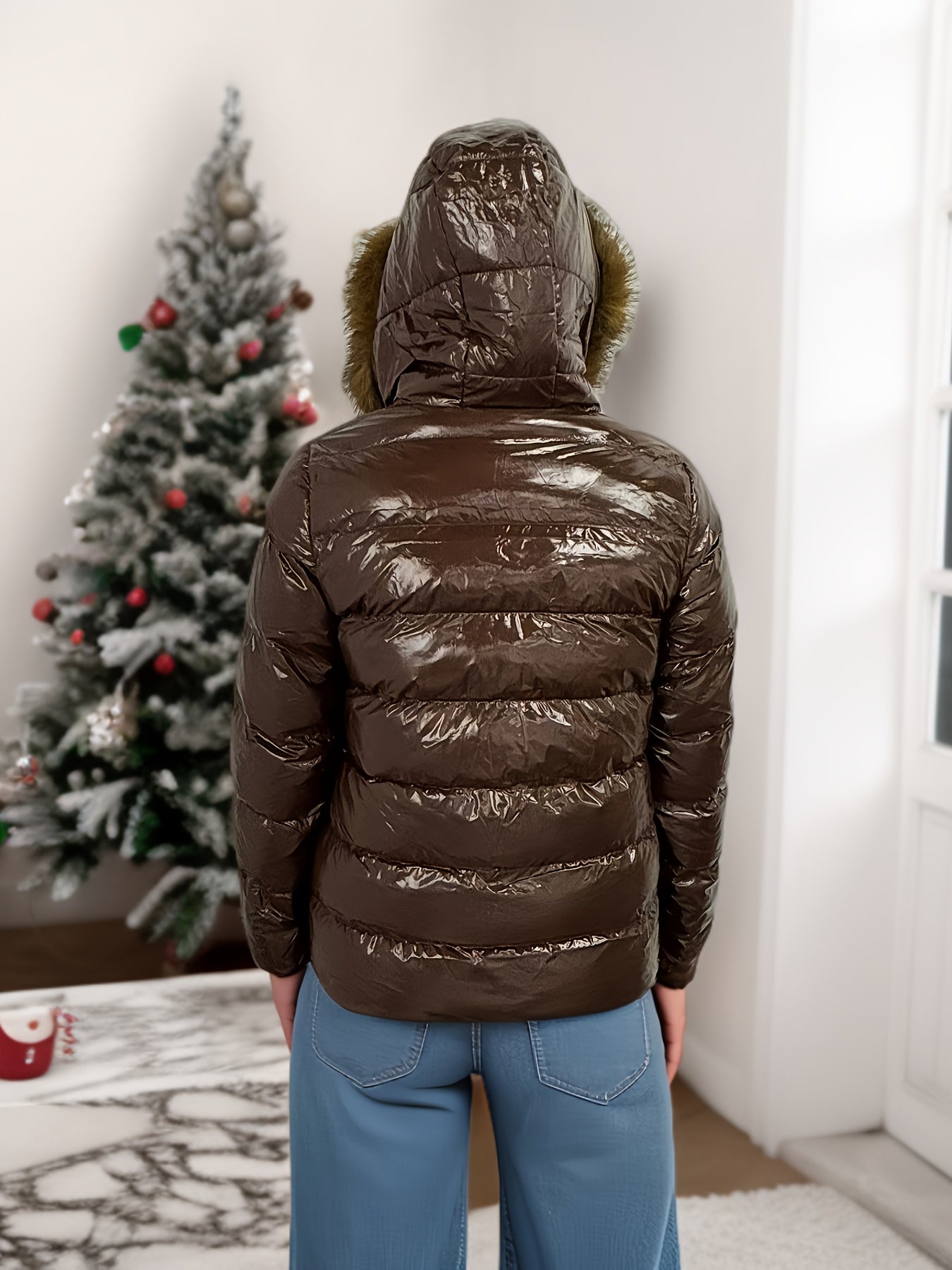 Women'S Winter Hooded Coat - Lightweight Warm Loose Fit Jacket with Full-Zip Closure, Elegant Brown Outerwear for Cold Weather, Office, Dates & Everyday - Non-Stretch Fabric Construction, Ladies Winter Coats, Date Night Wear,