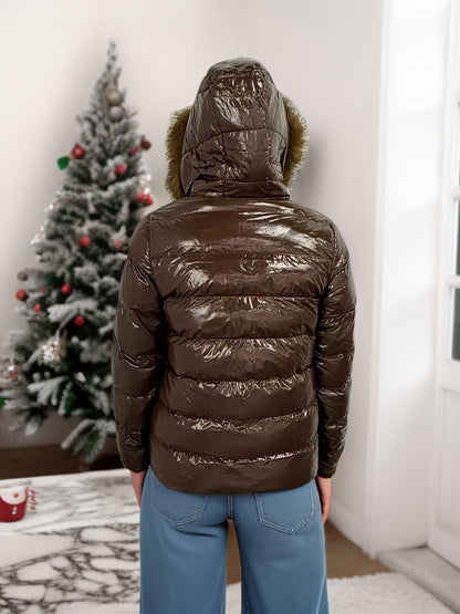 Women'S Winter Hooded Coat - Lightweight Warm Loose Fit Jacket with Full-Zip Closure, Elegant Brown Outerwear for Cold Weather, Office, Dates & Everyday - Non-Stretch Fabric Construction, Ladies Winter Coats, Date Night Wear,