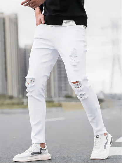 Men's Slim Fit Stretch Denim Jeans - Casual, Breathable & Machine Washable with Ripped Detail