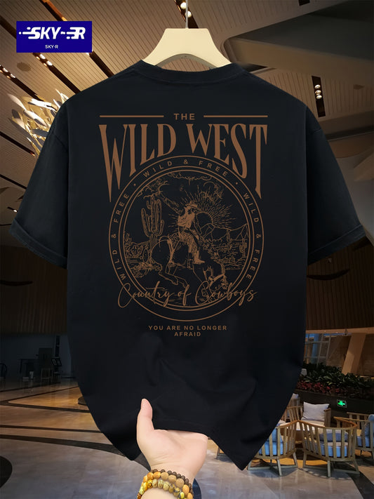 SKY·R Men's Loose 100% Cotton Cowboy Graphic Print T-shirt, Casual Short Sleeve Crew Neck Tee, Men's Clothing For Summer Outdoor
