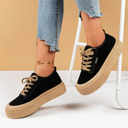 1 Pair Women's Fashion Sneakers - Solid Color Low Top Lace-Up Casual Shoes with Round Toe, Comfortable Fabric Upper & Inner, Durable PVC Sole, All-Season Sports Style
