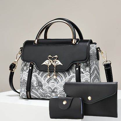 Կանացի պայուսակների հավաքածու՝ երեք հատից բաղկացած. տպագիր ուսի պայուսակներ, ոճային ձեռքի պայուսակներ և բազմակողմանի ուսապարկեր՝ մարմնին կպցնելու համար