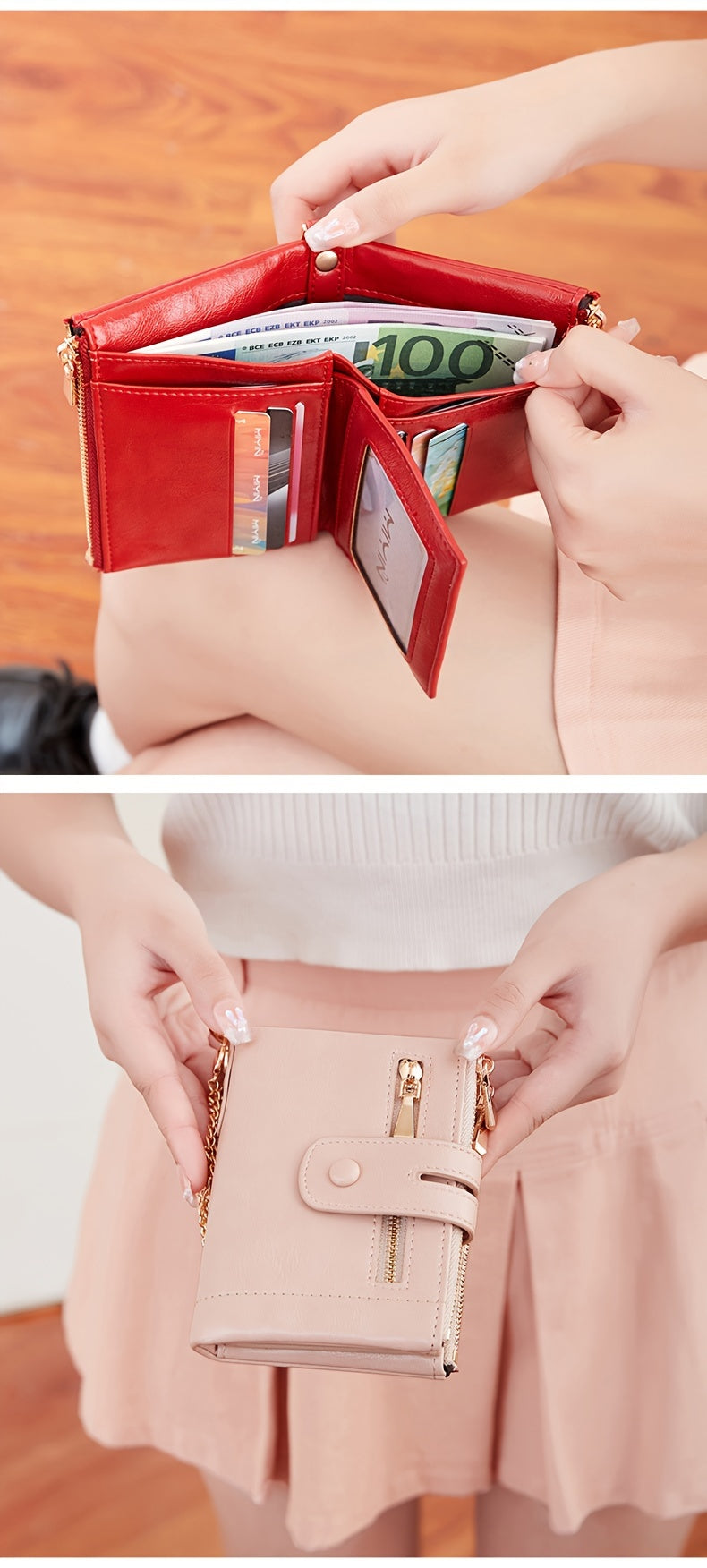 MIYIN Women'S & Men'S Red Bifold Wallet with Anti-Theft Chain Lock, Golden-Tone Hardware & Removable ID Window - Multi-Compartment Organizer with Card Slots