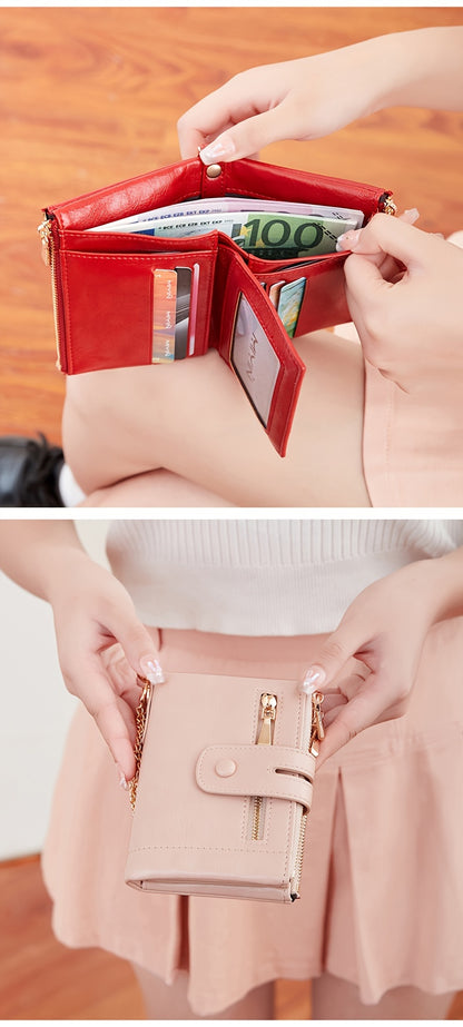 MIYIN Women'S & Men'S Red Bifold Wallet with Anti-Theft Chain Lock, Golden-Tone Hardware & Removable ID Window - Multi-Compartment Organizer with Card Slots