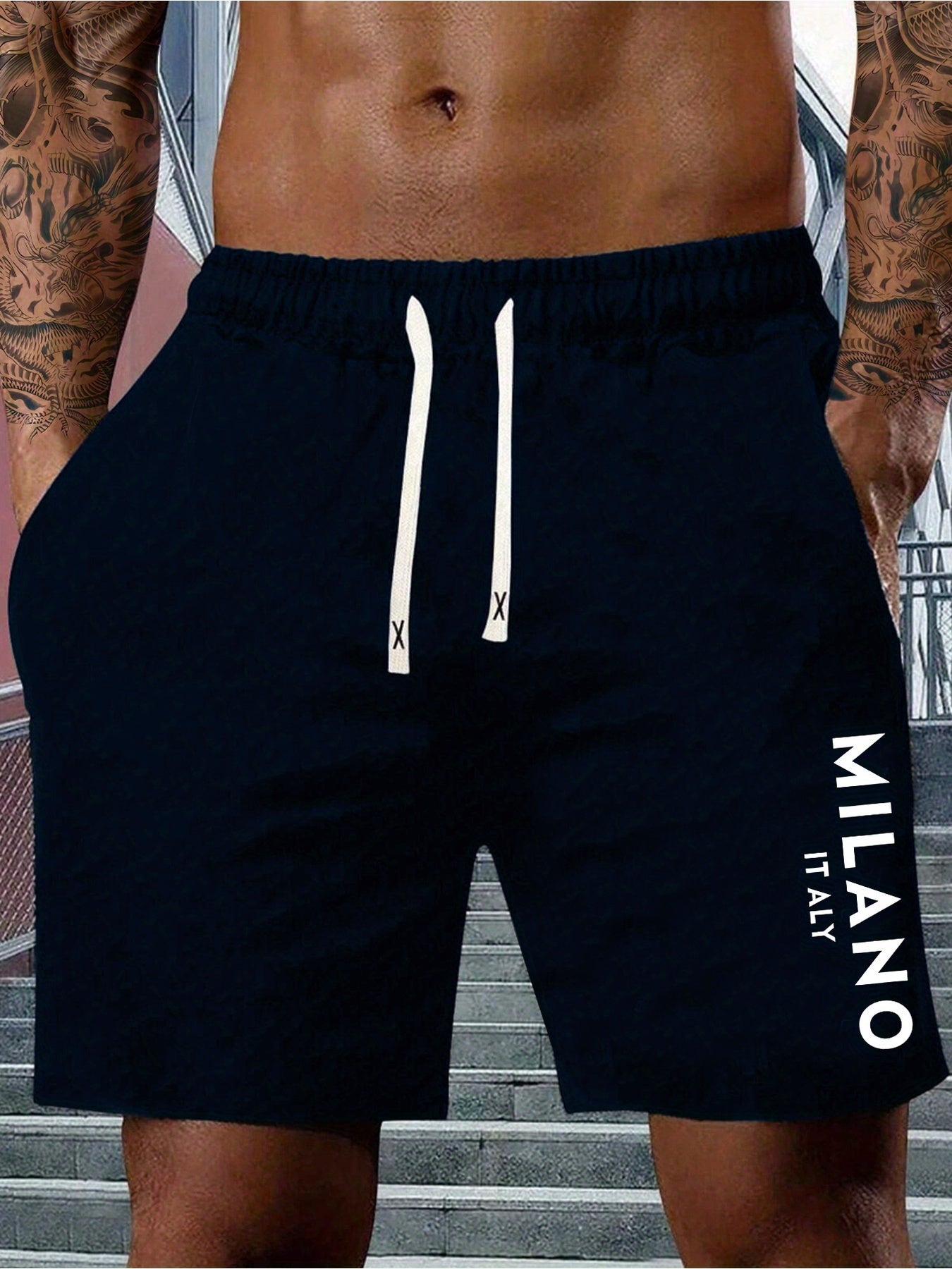 Men's Lightweight Cotton-Blend Casual Shorts with "MILANO ITALY" Print, Elastic Waistband & Drawstring, Side Pockets, Perfect for Spring & Summer Outdoor Activities, Fitness, and Vacations