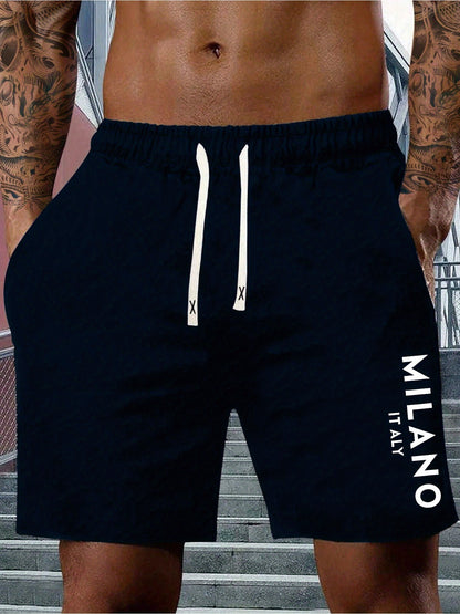 Men's Lightweight Cotton-Blend Casual Shorts with "MILANO ITALY" Print, Elastic Waistband & Drawstring, Side Pockets, Perfect for Spring & Summer Outdoor Activities, Fitness, and Vacations