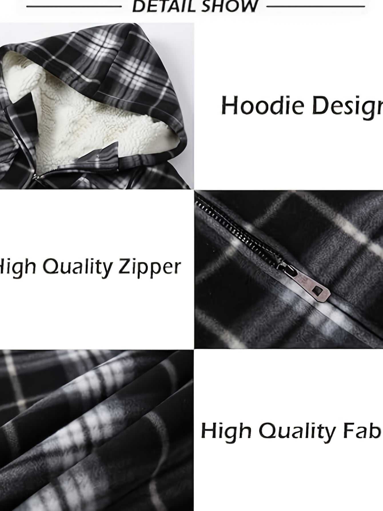 DPYEW Men's Full-Zip Hooded Jacket with Fleece Lining & Plaid Black/White/Gray Winter Coat - Windproof Outerwear, Full-Zip Closure, Hand Washable, Casual Jacket for Skiing, (Warm), Winter Jacket For Men, Mens Jacket, Men Wint