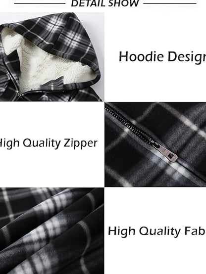DPYEW Men's Full-Zip Hooded Jacket with Fleece Lining & Plaid Black/White/Gray Winter Coat - Windproof Outerwear, Full-Zip Closure, Hand Washable, Casual Jacket for Skiing, (Warm), Winter Jacket For Men, Mens Jacket, Men Wint