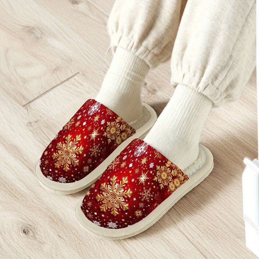 Red Snowflake Print Shoes, Soft and Durable, One Pair, Suitable for Couples, Comfortable and Non-Shedding, Perfect for Halloween and Christmas, Super Comfortable Indoor Shoes, Wear Indoors and Outdoors, Soft Plush Lining for