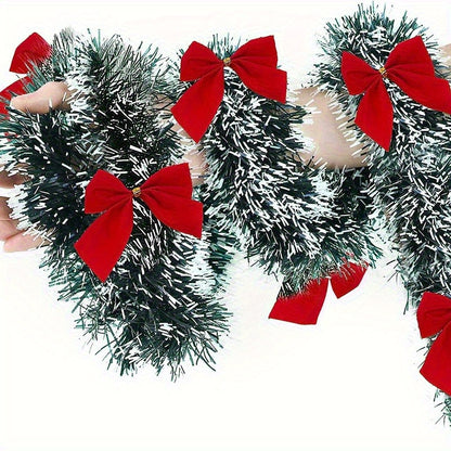 Extra Long 78.74in/200cm Garland - Heavy-Duty PET (Polyethylene Terephthalate) Christmas Garland with Elegant Deep Green, Red Bows & Black Beads - Indoor/Outdoor Hanging Decoration for Stairs, Banisters, Doors, Walls - Weddin