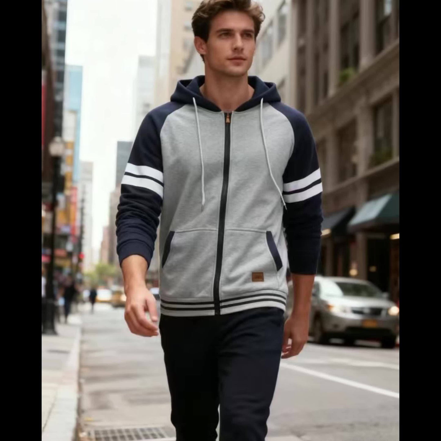 Men's 2025 Autumn East New Zipper Hoodie - Black & Grey Color-Block Contrast with White Piping, Full-Zip Closure, Chest Pocket & Adjustable Hood, Casual Streetwear for Teen Boys & Young Men, Durable Everyday Outerwear