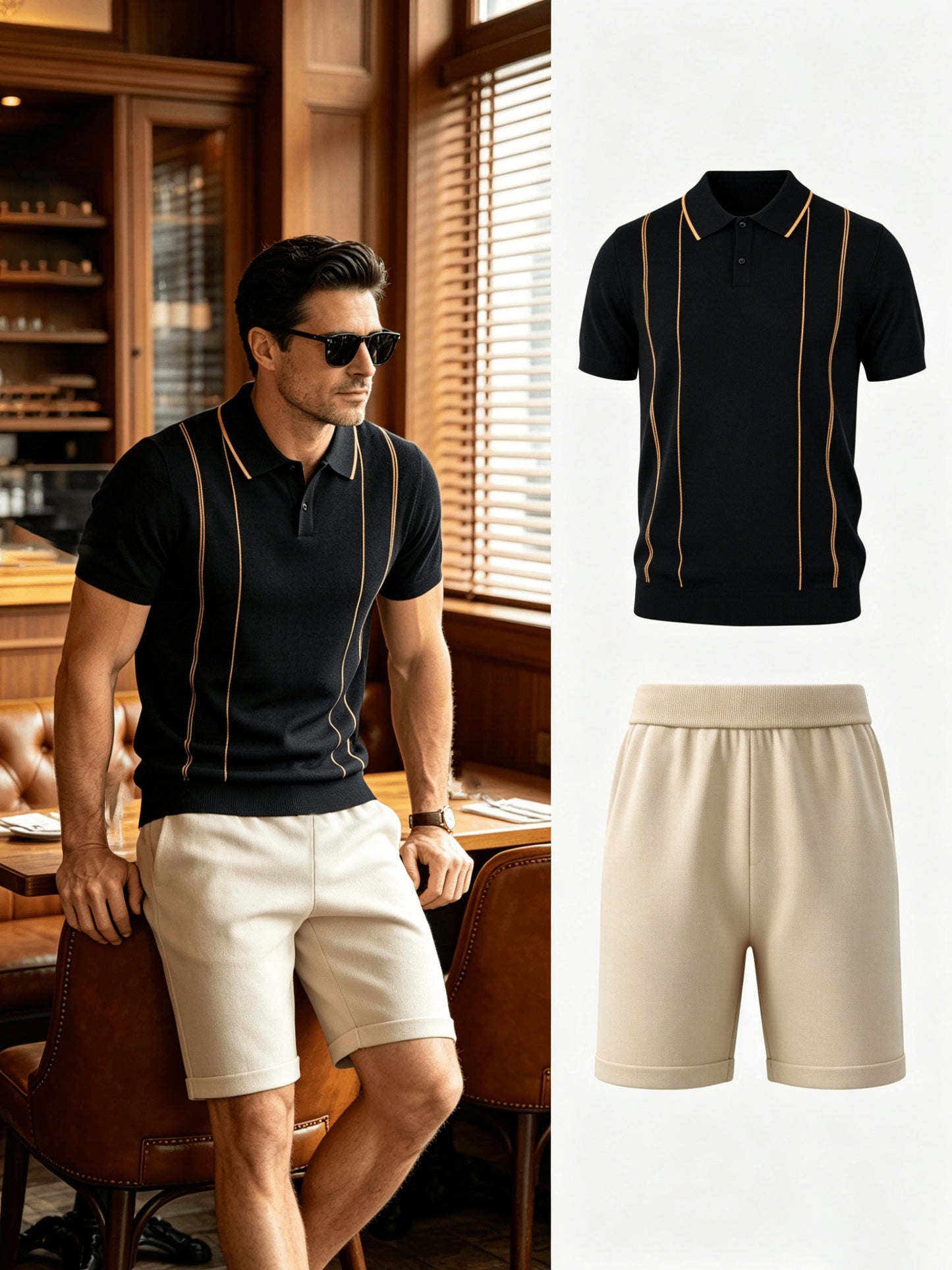 Men's Contrast Knit Polo & Loose Waist Shorts Set, Casual Fit
