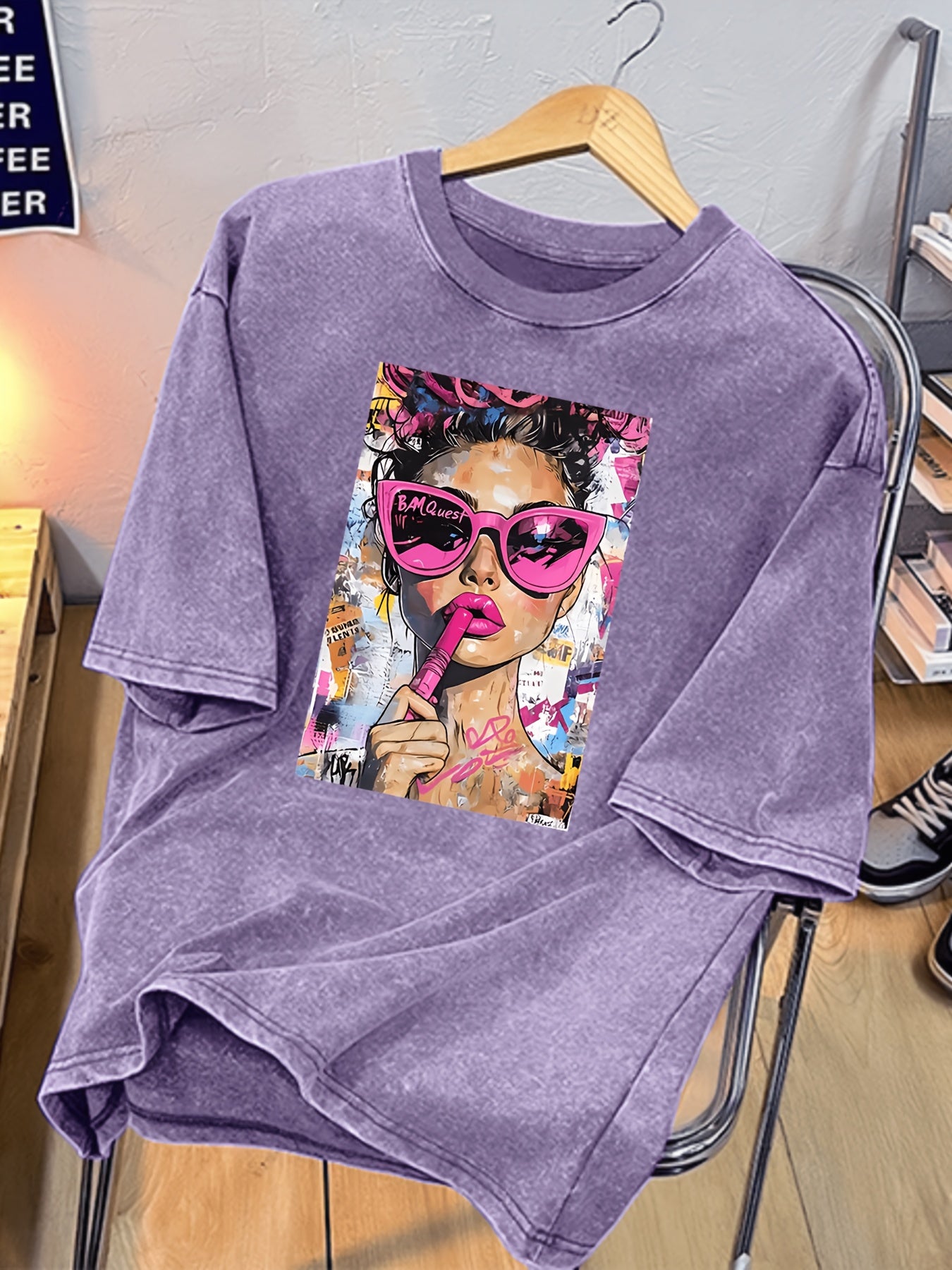 Women's Vintage Washed Cotton Blend T-Shirt with Bold Pop Art