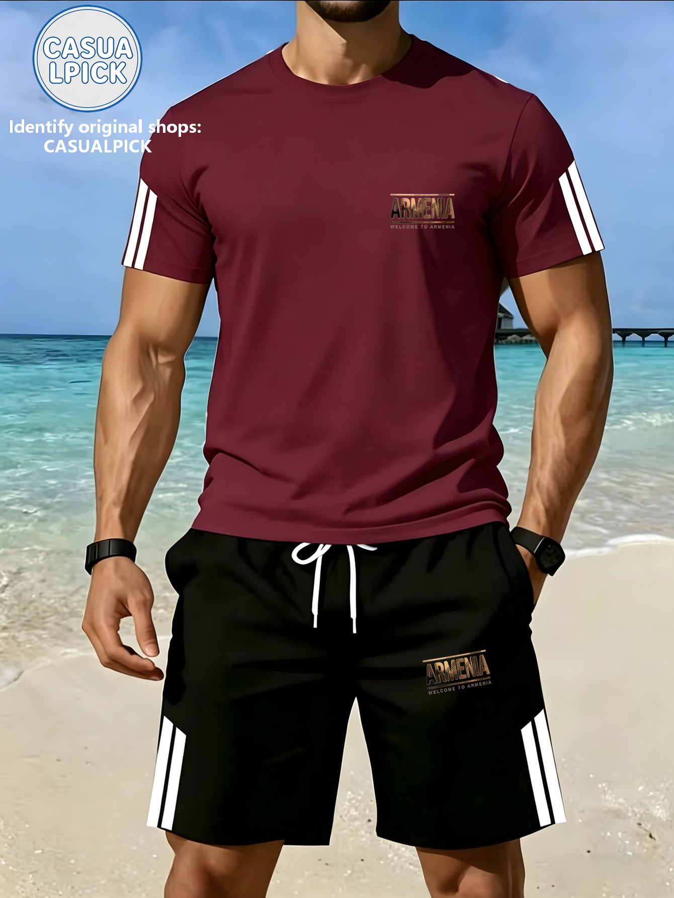 Men's Casual Short-Sleeve Top and Shorts Set with Print