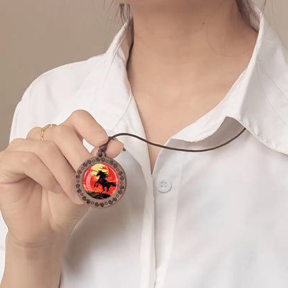 Red Moon Galloping Horse Wooden Pendant Necklace - Bohemian Style Adjustable Cord, Natural Wood Unisex Jewelry for Casual Attire & Holiday Gifts