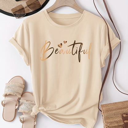 Women's Casual Letter Print T-Shirt - Soft Polyester, Short Sleeve Crew Neck Top for All Seasons, Round Neck, Sports Shirt