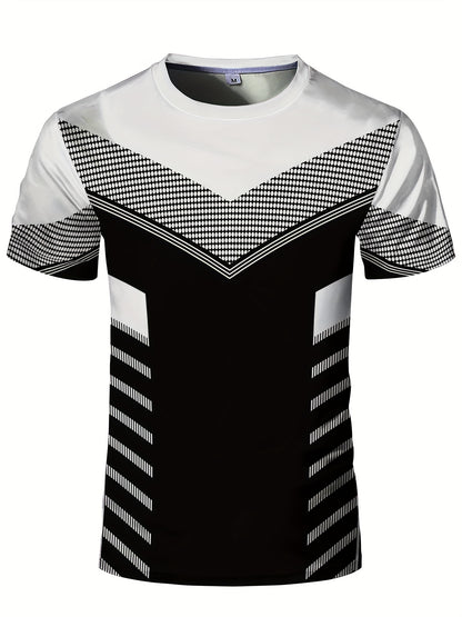 Men'S Geometric-Pattern Sports T-Shirt, Polyester Blend, Crew Neck, High Stretch, Short Sleeve, Quick-Dry, Tear-Resistant, Knit Fabric, Skinny Fit, with 3D Heat Sublimation for Running, Yoga, Training, Hiking, Casual & Athlet