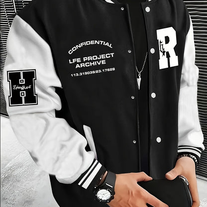 Men's Fashionable R-Letter Patchwork Casual Street Style Baseball Jacket - Polyester, Maroon & Black with White Stripes, Button Closure, with Pockets