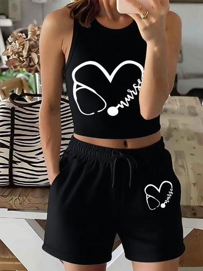 Women's Casual Vest and Shorts Set with Drawstring Detail