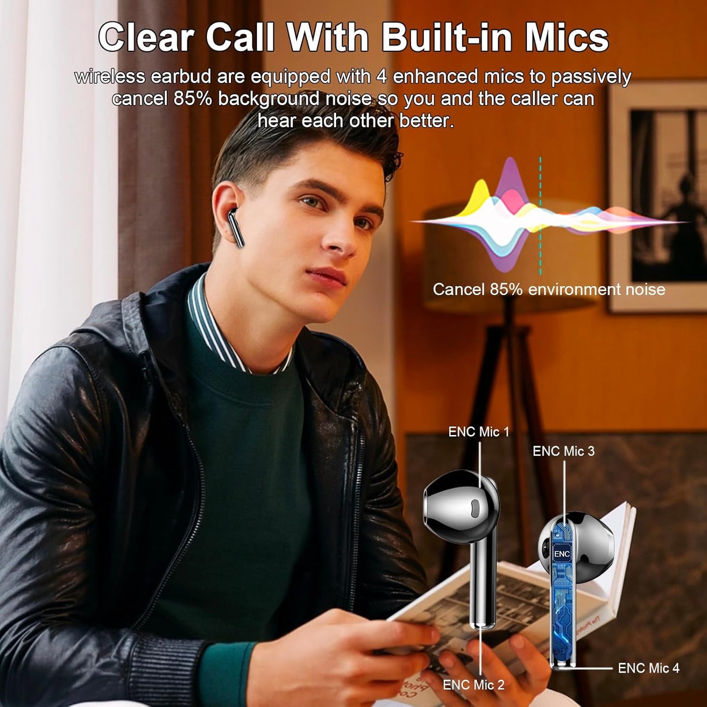 Wireless Earbuds, Bluetooth Headphones 5.3 Stereo Bass Ear Buds with ENC Noise Cancelling Mics, 40H Playtime Bluetooth Earbuds with LED Display, IP7 Waterproof in Ear Earphones for Android Ios, Black
